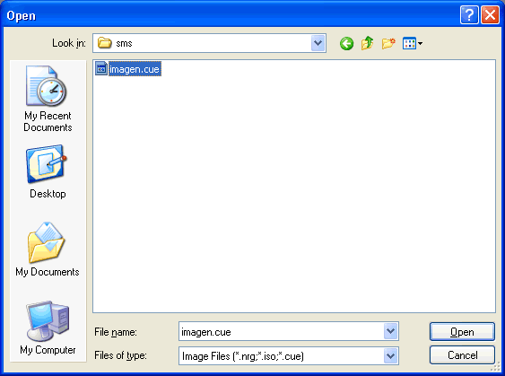A burning program's Open dialog filtered to image files, with a CDDAFS .cue file selected.