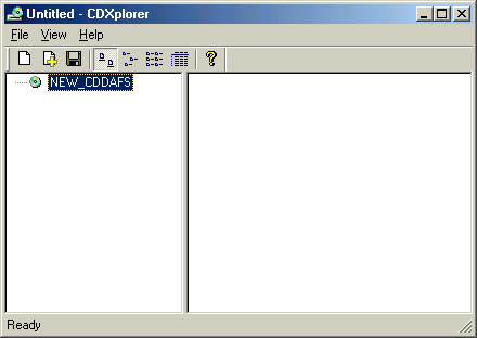 CDXplorer on Windows showing a new, empty CDDAFS tree ready to have files added.