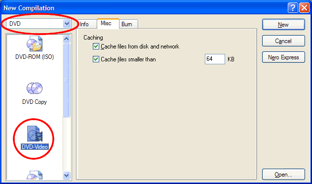A burning program's New Compilation dialog with the DVD-Video project type selected.