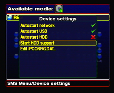 The SMS device settings screen, with the per-device Autostart toggles.