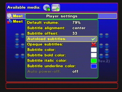 The SMS subtitle settings menu